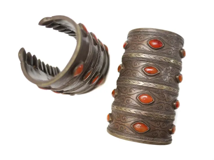 Silver Turkmen Bracelet Cuffs with Agate & Special Ancient Designs