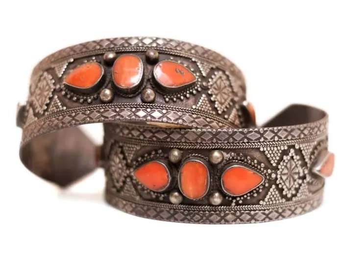 Silver & Coral Kazakh Design Bracelet Set