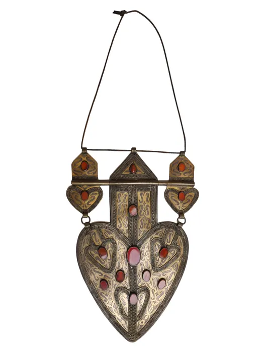 Turkmen Silver & 14 Agate Heart Dowry Necklace