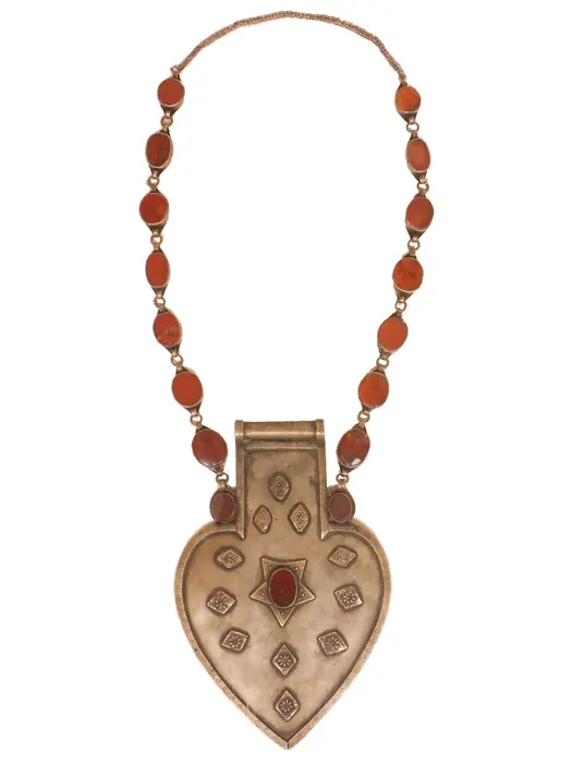 Turkmen Silver & 17 Agate Heart Dowry Necklace