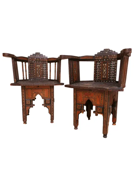 Walnut & Mother of Pearl Inlaid Syrian/Arabian Chair Set (Museum Quality)