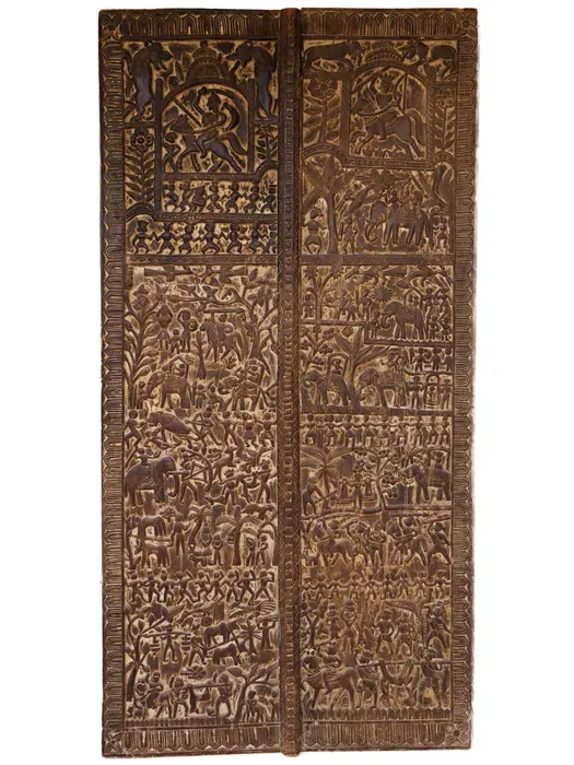 Indian History Carved Relief Wood Panel
