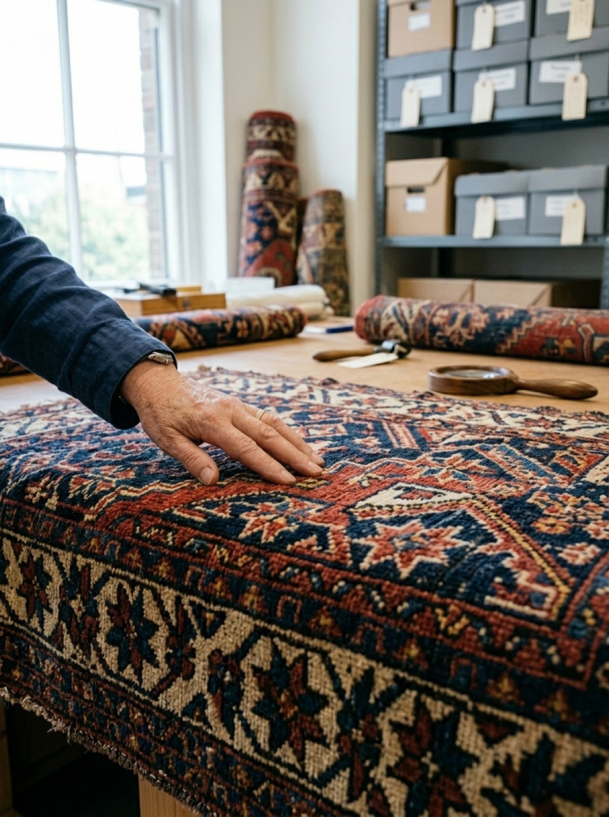 Hands working across the pile of a hand-woven carpet