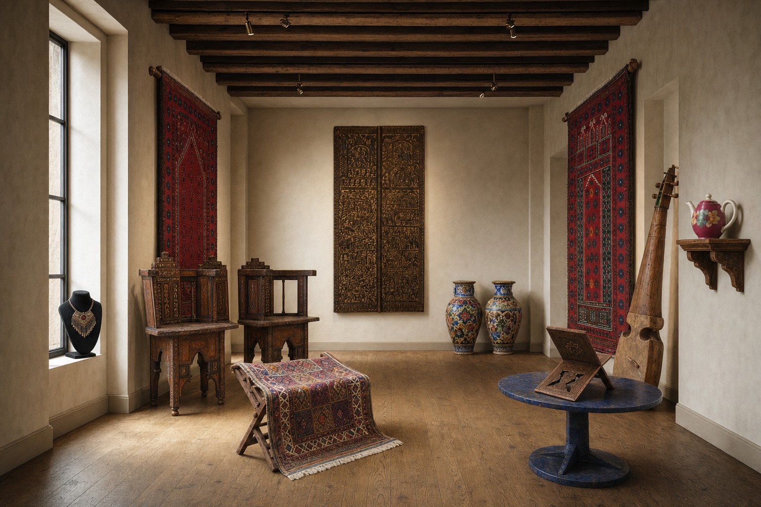 Inside Khyber Pass Gallery — hand-woven rugs, carved doors and antiques